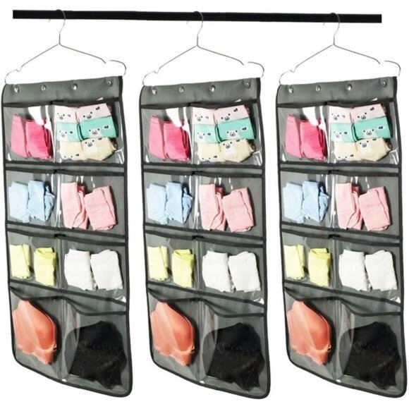 Hanging closet organizer dual sided with clear pockets for underwear socks bras - Picture 6 of 8
